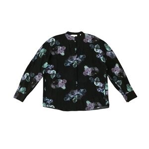 Vince 100% Silk Black Floral Dolman Sleeve Pullover‎ Blouse Mandarin Neck M